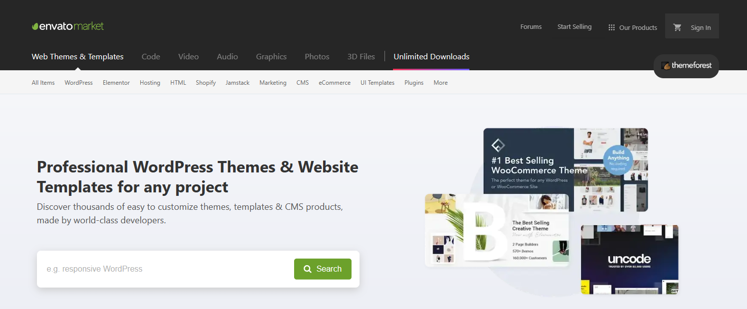 Site ThemeForest, marketplace de temas e plugins WordPress