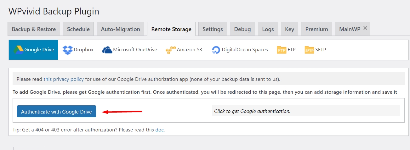 Autenticar com Google Drive plugin WPVivid backup WordPress
