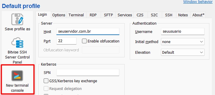 New terminal console janela do Bitvise