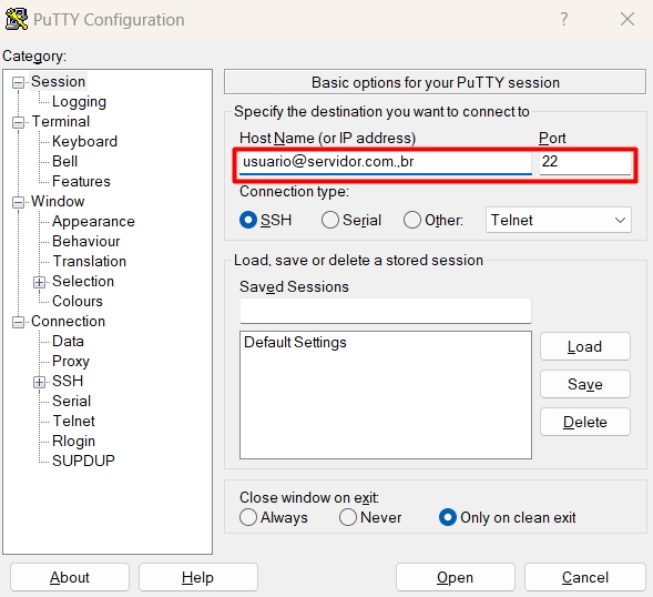 Servidor SSH e porta no putty