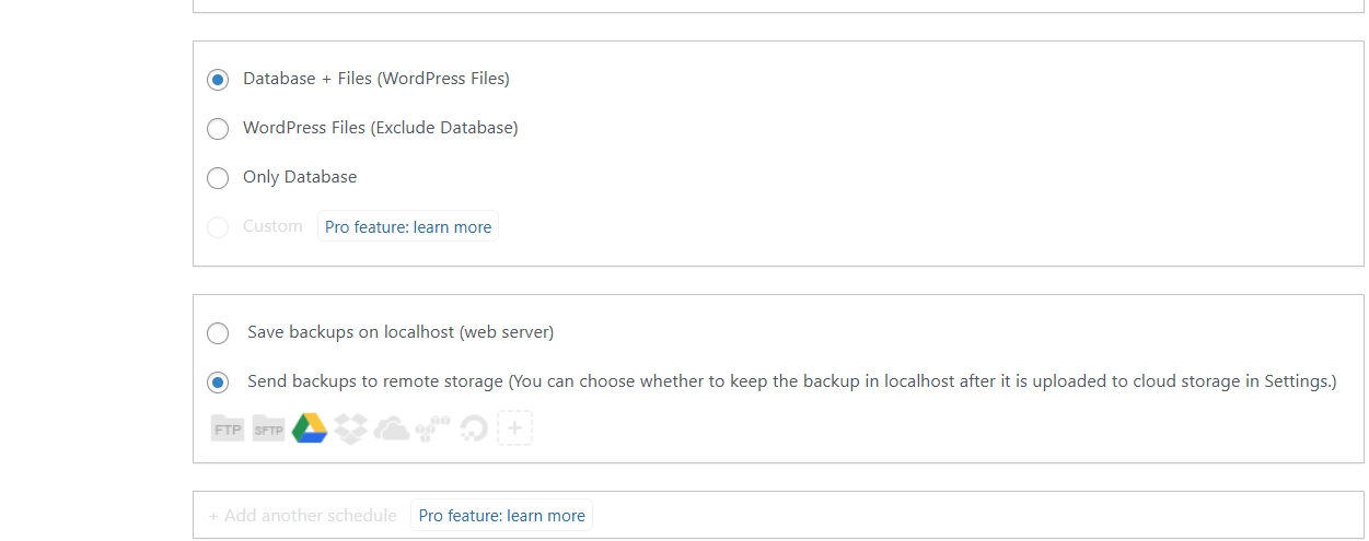 Definicoes do backup automatico com wpvivid