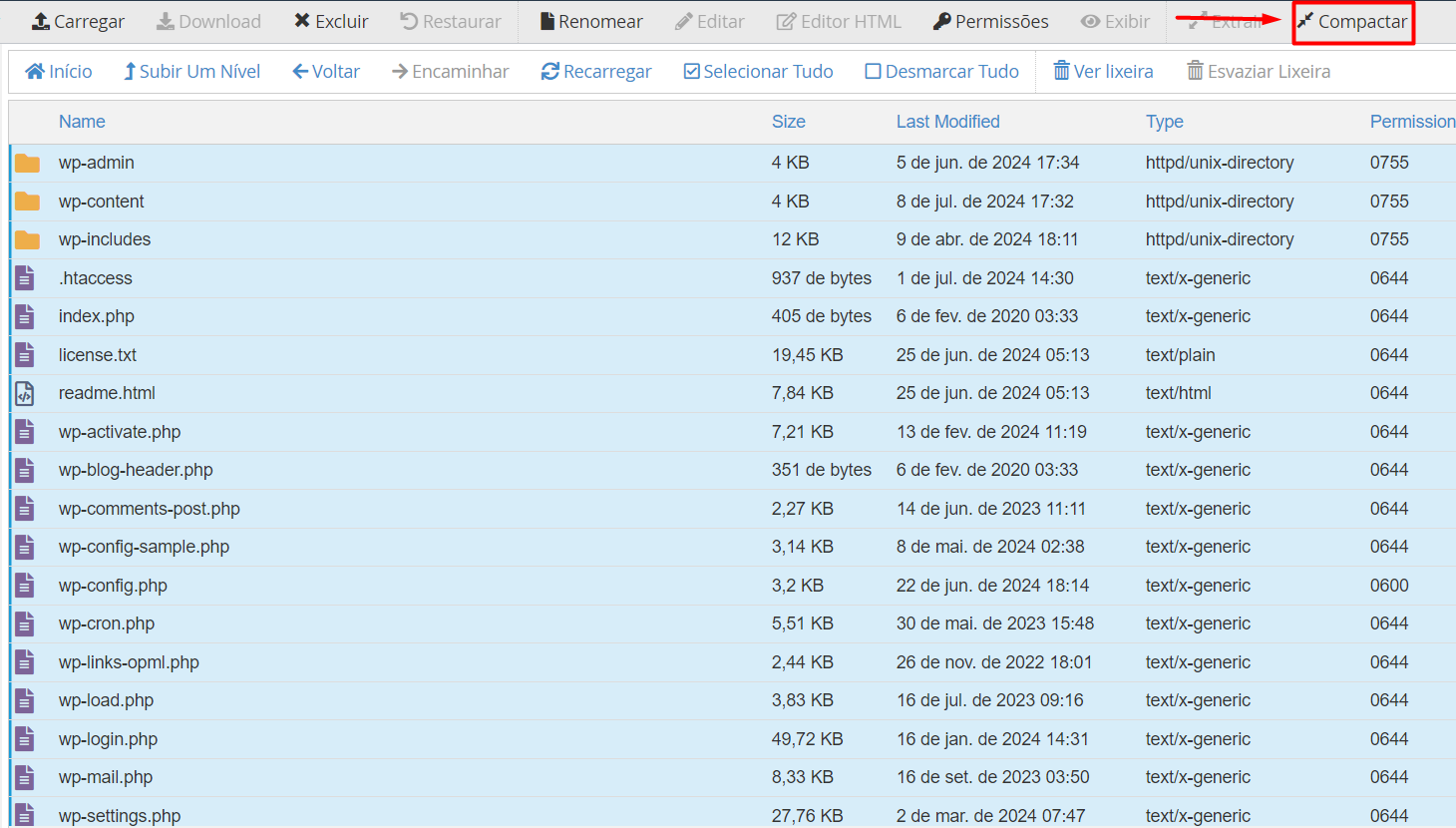 Compactar arquivos do WordPress na hospedagem