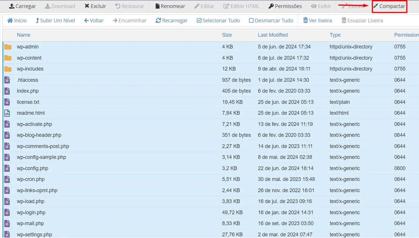 Compactar arquivos do WordPress na hospedagem