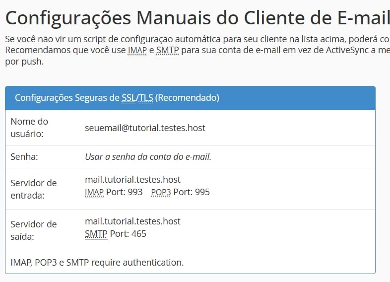 Dados conexao email SMTP IMAP POP
