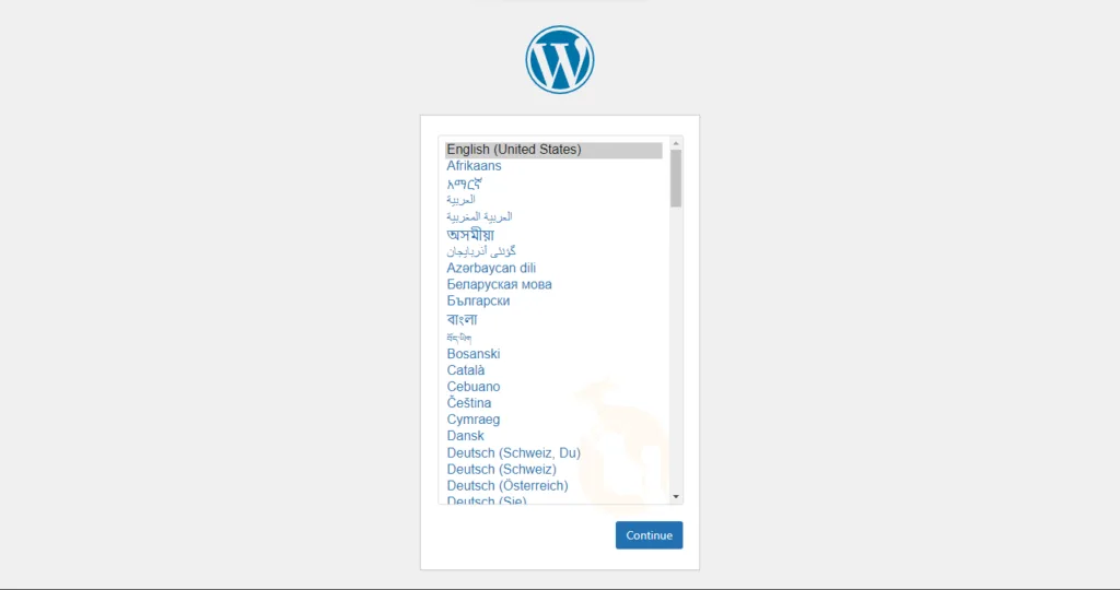Tela de instalação WordPress