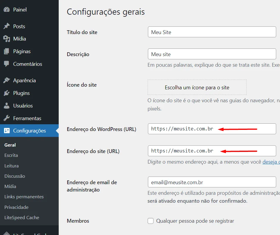 URL do site WordPress com HTTPS