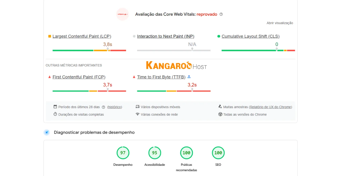 Reprovado no Core Web Vitals
